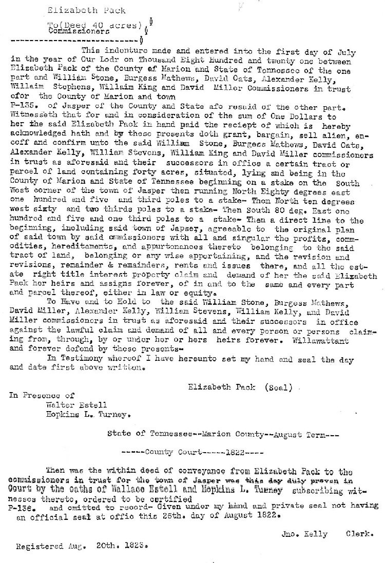 Betsy Pack Deed for City of Jasper, handwritten document