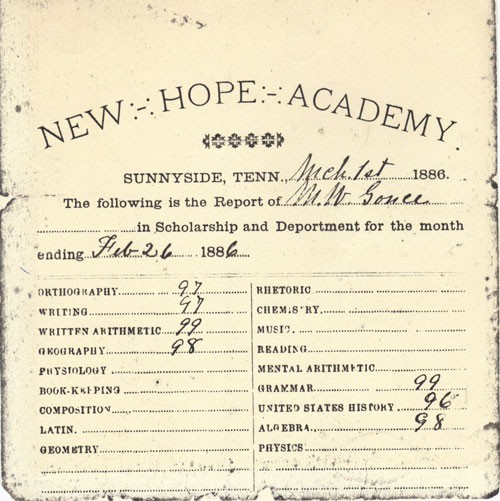New Hope Academy report card, 1886, Marion County