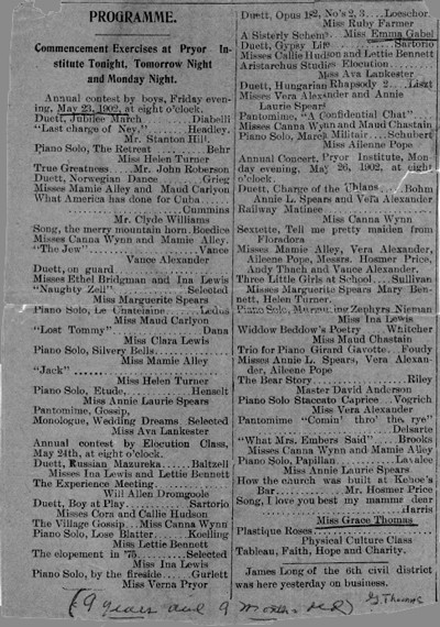 Pryor Institute Commencement Exercises, 1902
