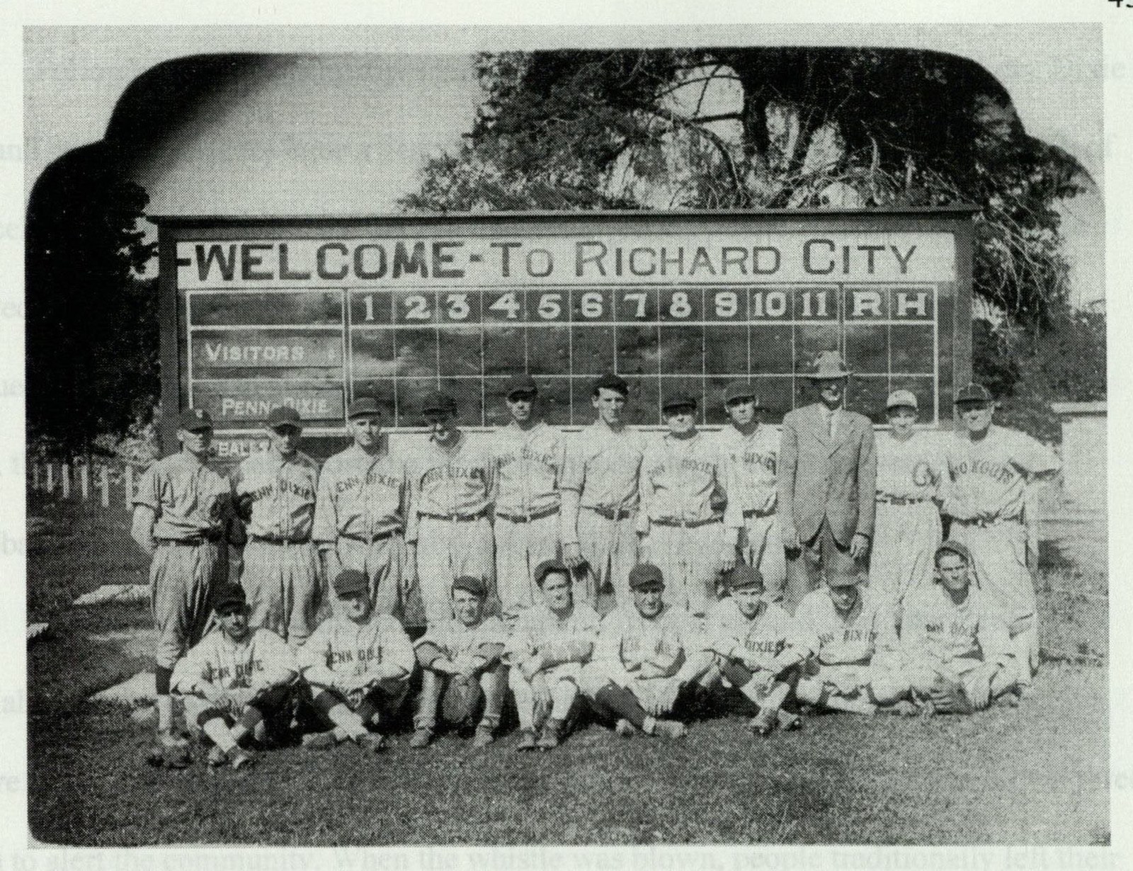 Team photograph of the Penn-Dixie baseball squad in uniform, posed in rows outdoors