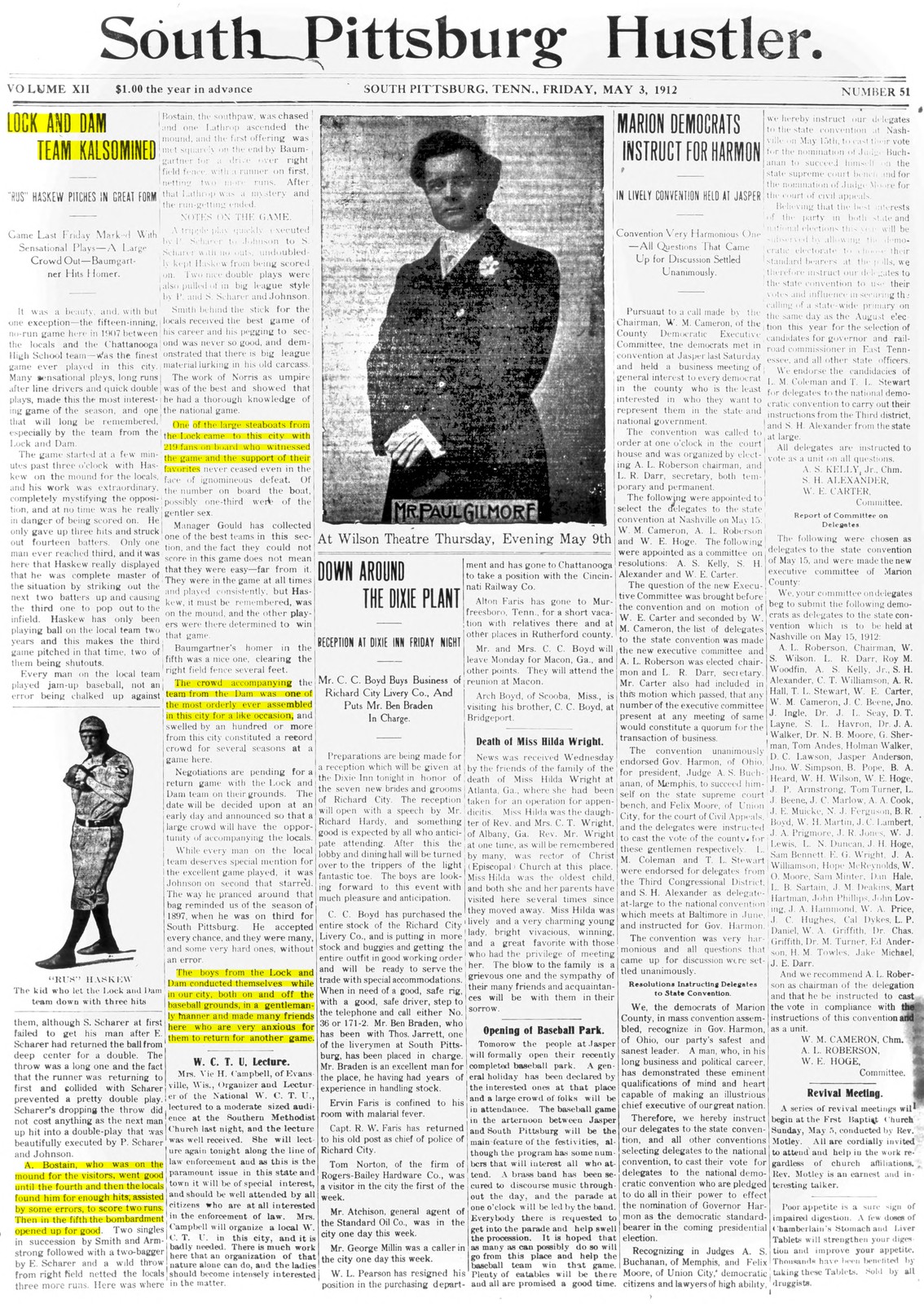 Front page of the South Pittsburg Hustler for Friday, May 3, 1912, with a portrait of the actor Paul Gilmore at center, a drawing of pitcher Rus Haskew at lower left, and the game account in the left columns