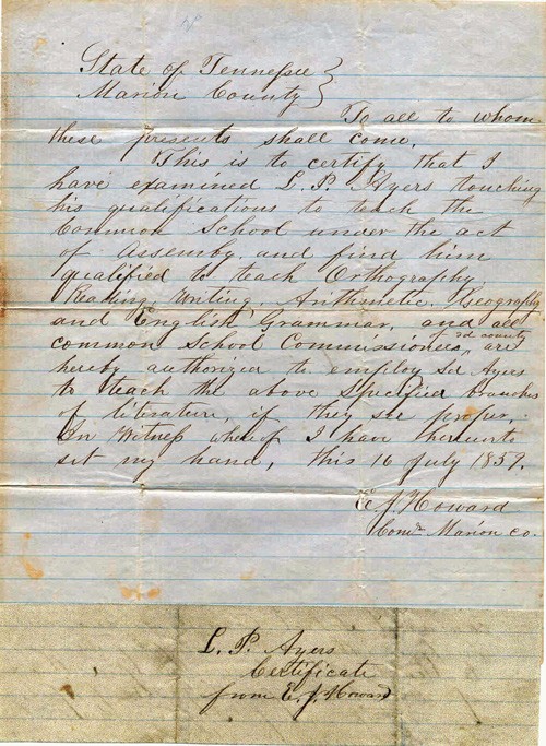 Teaching certificate, 1859, Marion County, issued to Lewis P. Ayers